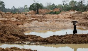 A farmer in Ghana walks across a section of a cocoa plantation destroyed by illegal gold mining activities. [Francis Kokoroko/Reuters]