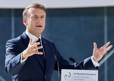 Emmanuel Macron, French President, addresses representatives at the 19th Francophone Summit